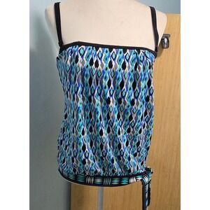 24th & Ocean Size S Womens Blue Geometric Ikat Blouson Tankini Top Side Tie